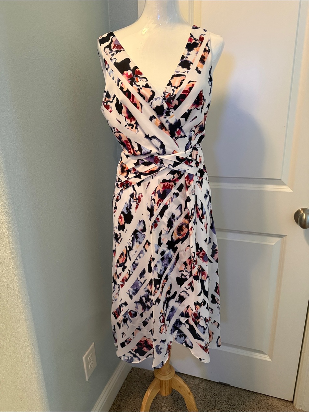 White House Black Market White Wrap Dress with Pink and Blue Abstract Print